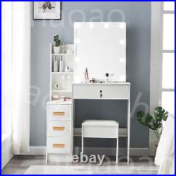 10LED Lighted Sliding Mirror Makeup Vanity Desk Stool Set Bedroom Dressing Table