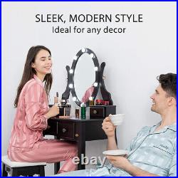 10 LED Lights Mirror 5 Drawers Dressing Table Makeup Vanity Desk Set With Stool