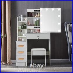 4 Drawers Vanity Set with LED Lighted Mirror Makeup Dressing Table Dresser Desk