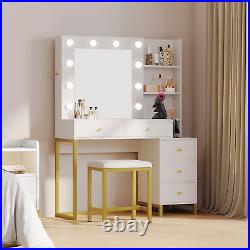 Bedroom Vanity Makeup Dressing Table Set with 10 Led Light Mirror and 5 Drawers