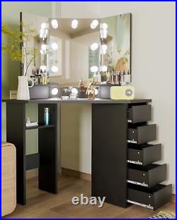 Corner Makeup Vanity Desk with Mirror & Lights 44'' Bedroom Vanity Table Shelves#