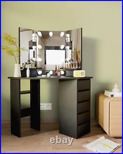Corner Makeup Vanity Desk with Mirror & Lights 44'' Bedroom Vanity Table Shelves#