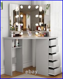 Corner Makeup Vanity Desk with Mirror and Lights 44'' Bedroom Vanity Table Shelf