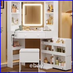 Corner Table Makeup Vanity Desk with Mirror & LED Lights, Rotating Shelves Stool