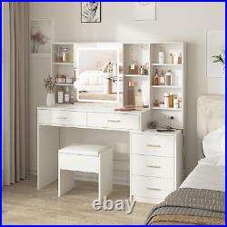 Elegant Vanity Desk with Mirror & Lights 5 Drawers & Charging Station White