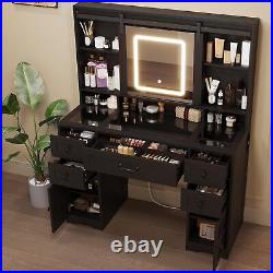 Farmhouse Makeup Vanity Desk withSliding Mirror & LED Lights Glass Top Vanity Desk