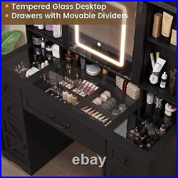Farmhouse Makeup Vanity Desk withSliding Mirror & LED Lights Glass Top Vanity Desk