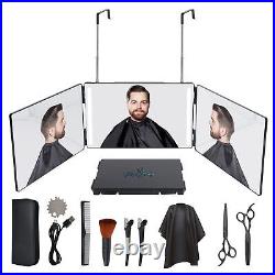 KKOCH BEAUTY 3 Way Mirror with LED Lights, Haircutting Kit, 360 Mirror for Br