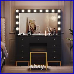 LED Vanity Makeup Dressing Table Desk Set With Lighted Mirror & Power Outlets