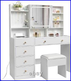 LED Vanity Makeup Dressing Table Desk Set With Lighted Mirror & Power Outlets