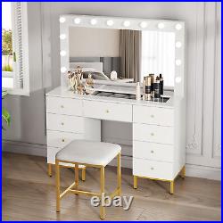 Large Makeup Vanity Table Set with LED Lighted Mirror & 9 Drawers Dressing Table