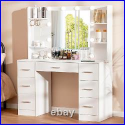 Large Vanity Desk with LED Lighted Mirror & Power Outlet, 7 Drawers, 4 Shelves