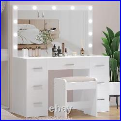 Lighted Mirror Adjustable Brightness 8 Drawers Vanity Desk Set White Makeup