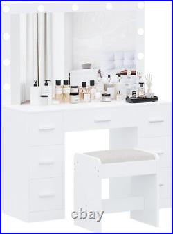 Lighted Mirror Adjustable Brightness 8 Drawers Vanity Desk Set White Makeup