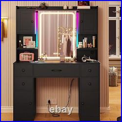 Makeup Vanity Desk with Lights, Black Vanity with Charging Station and Mirror