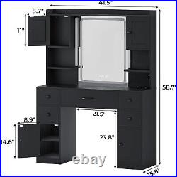 Makeup Vanity Desk with Lights, Black Vanity with Charging Station and Mirror