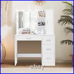 Makeup Vanity Desk with Mirror and 10 LED Lights, 4 Drawers & 4 Necklace Hooks