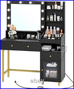 Makeup Vanity with Lights, Vanity Desk with Mirror and Charging Station (Black)