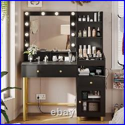 Makeup Vanity with Lights, Vanity Desk with Mirror and Charging Station (Black)