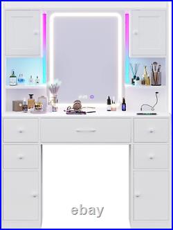 Tiptiper Large Vanity Desk with Mirror & Lights, Makeup Vanity with Lights & Cha