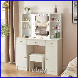 Vanity Desk Makeup Dressing Table With 6 Shelves Mirror 3 Color Lights And Stool