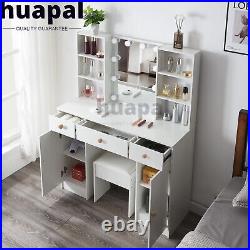 Vanity Desk Set with Mirror & Led Lights Makeup Dressing Table Stool 3 Drawers
