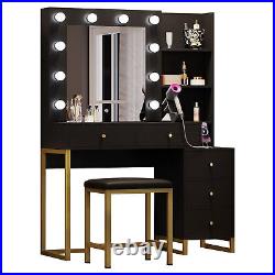 Vanity Desk with Mirror&LED Lights Makeup Table with Charging Station 5 Drawers