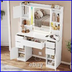 Vanity Desk with Mirror&Lights, Large Makeup Vanity with Charging Station(White)