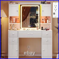 Vanity Desk with Mirror&Lights, Makeup Vanity with Charging Station&Time Display