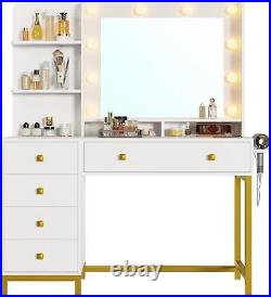 Vanity Desk with Mirror and Lights, Makeup Table with Charging Station, 5 Drawers