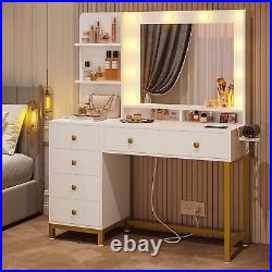Vanity Desk with Mirror and Lights, Makeup Table with Charging Station, 5 Drawers