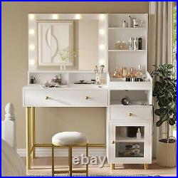 Vanity Desk with Mirror and Lights in 3 Colors, Makeup Vanity withCharging Station