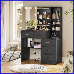 Vanity Desk with Sliding Mirror & Lights, Makeup Vanity with Charging Station