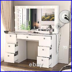 Vanity Makeup Table, Mirror, Glass Top, Built-in Lights, 7 Drawers, Basic Knobs