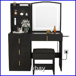 Vanity Makeup Table Stool Set With Lighted Mirror & Multi Drawers Dressing Desk