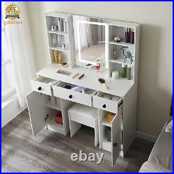 Vanity Makeup Table Stool Set With Lighted Mirror & Multi Shelves Dressing Desk