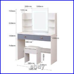 Vanity Set LED Touch Mirror Lights 6 Storage Shelves Cushioned Stool & 2 Drawers