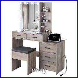 Vanity Set Makeup Dressing Table 10LED Lights with Stool and Slid Mirror Cabinet
