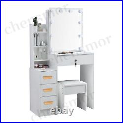 Vanity Set Makeup Dressing Table with 10 LED Lights with Stool and Mirror White US