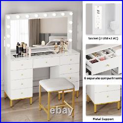 Vanity Set with Led Lights Makeup Desk Dressing Dresser Desk Table with 9 Drawer