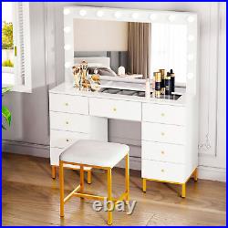 Vanity Set with Led Lights Makeup Desk Dressing Dresser Desk Table with 9 Drawer