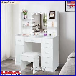 Vanity Table Makeup with 10 Led Lighted Mirror Dressing Stool Set and 5 Drawers