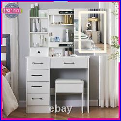 Vanity Table Makeup with 10 Led Lighted Mirror Dressing Stool Set and 6 Drawers