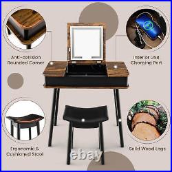 Vanity Table Set with Flip Top Mirror Lights USB Port Cushioned Stool Writing Desk