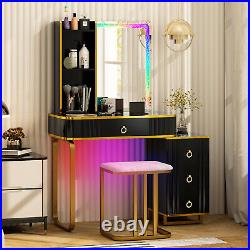 Vanity Table Set with RGB LED Lights Crystal Crush Diamond Mirror Drawers Black