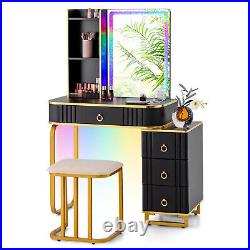 Vanity Table Set with RGB LED Lights Crystal Crush Diamond Mirror Drawers Black
