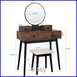 Vanity Table Set with Round LED Lights Mirror Makeup Dressing Desk Stool