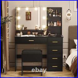 Vanity Table with Mirror and Lights, Bedroom Makeup Desk with Storage Shelves