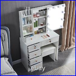 Vanity Table with Mirror and Lights, Glass Top Vanity Desk with Stool, 6 Drawers