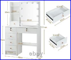 Vanity Table with Mirror and Lights, Glass Top Vanity Desk with Stool, 6 Drawers
